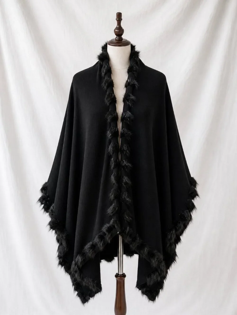 Chico's Black Faux Fur Trim Cashmere Blend Cocoon Wrap Pom Pom EUC OS
